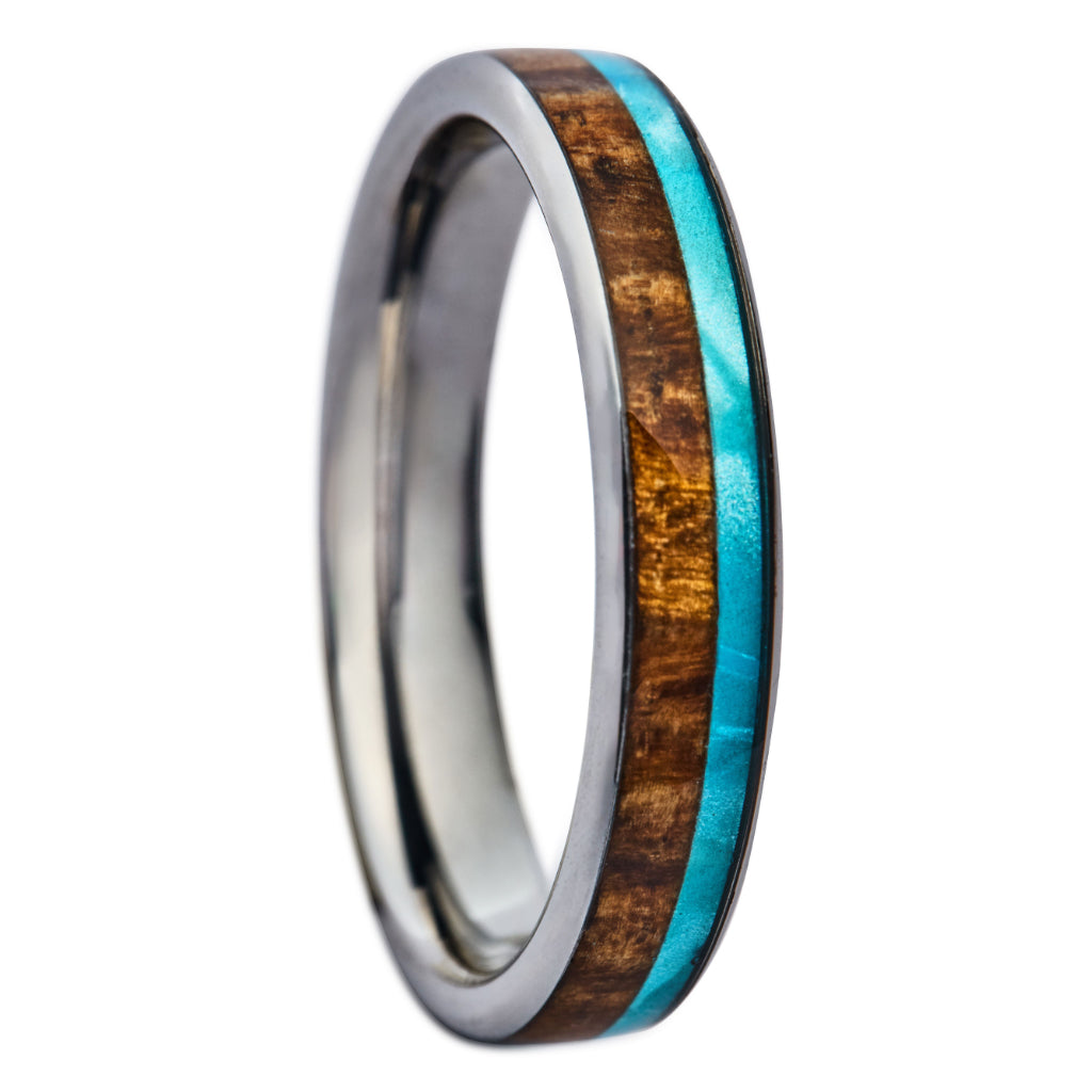 4mm Thin Tungsten, Koa Wood & Mother of Pearl Ring