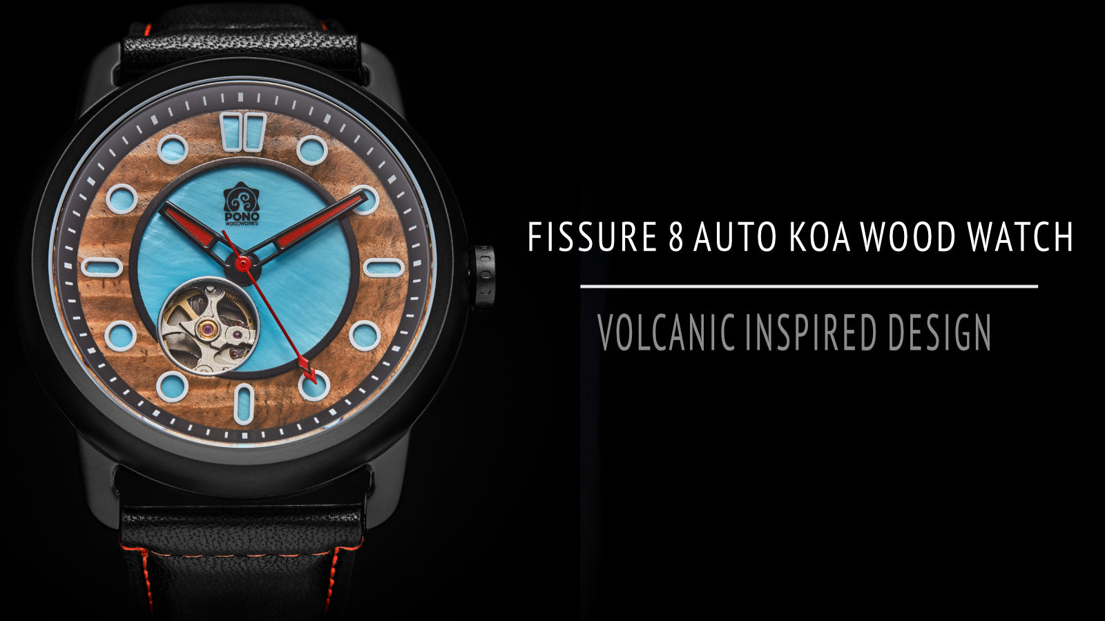 black version fissure 8 koa wood watch automatic on black background