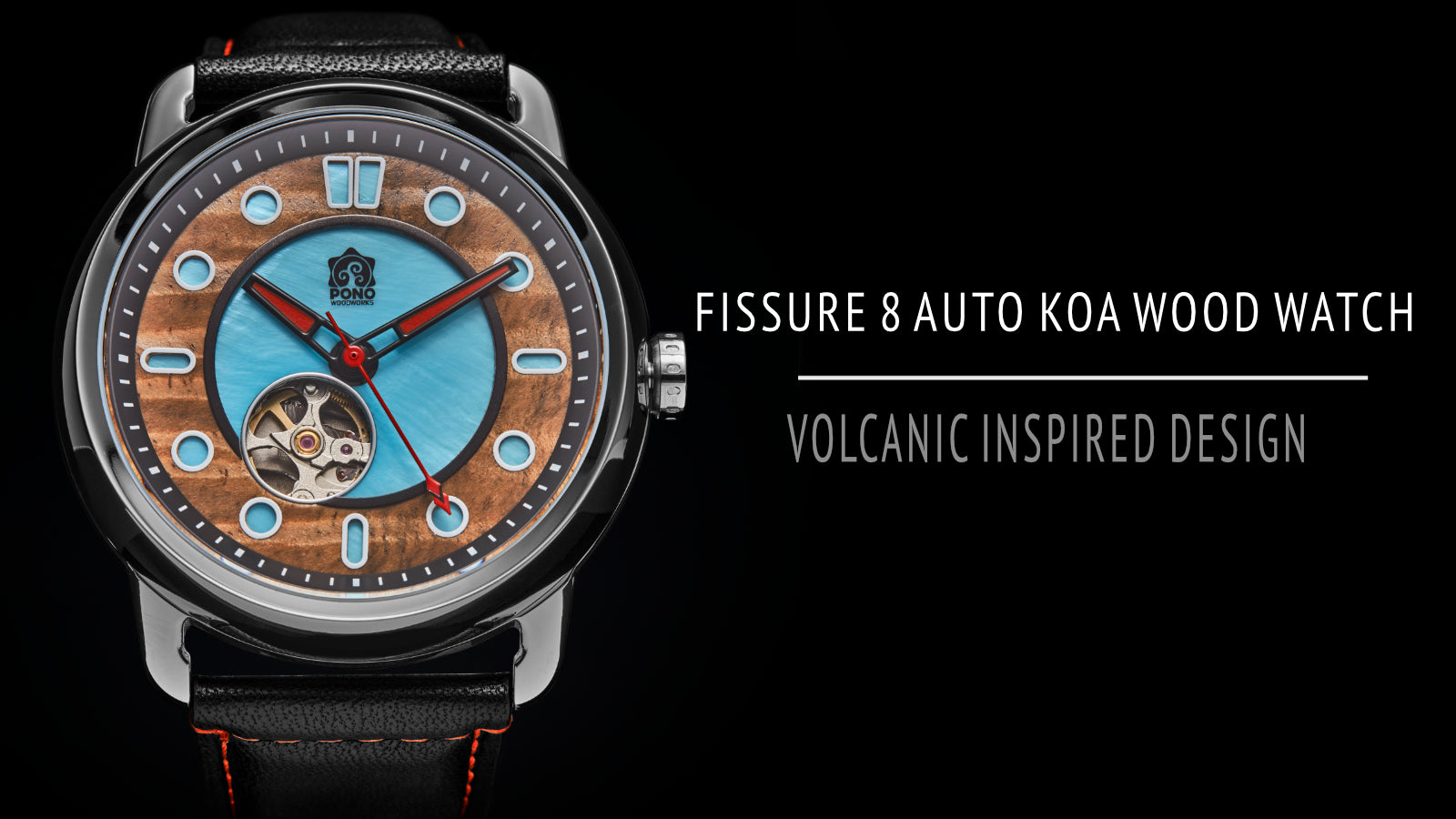 chrome version fissure 8 koa and abalone automatic watch on black background