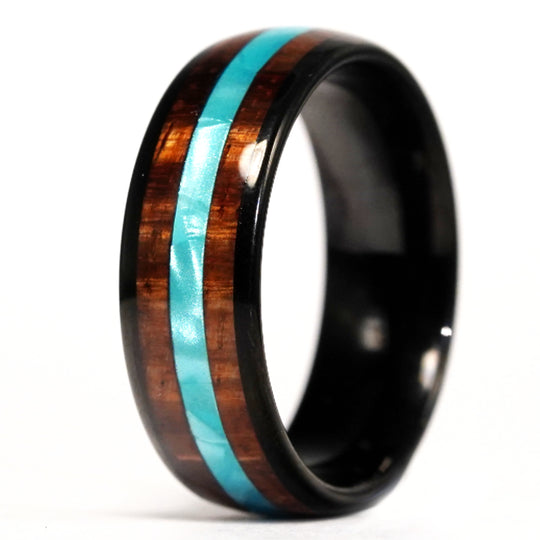 Black Tungsten, Koa Wood & Mother of Pearl Ring (8mm Wide)