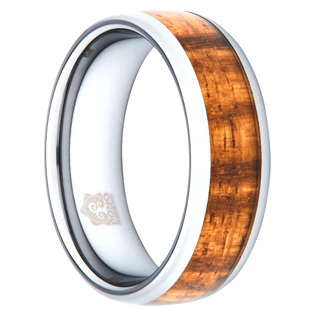 8mm wide titanium and koa wood ring showing beautiful grain of wood