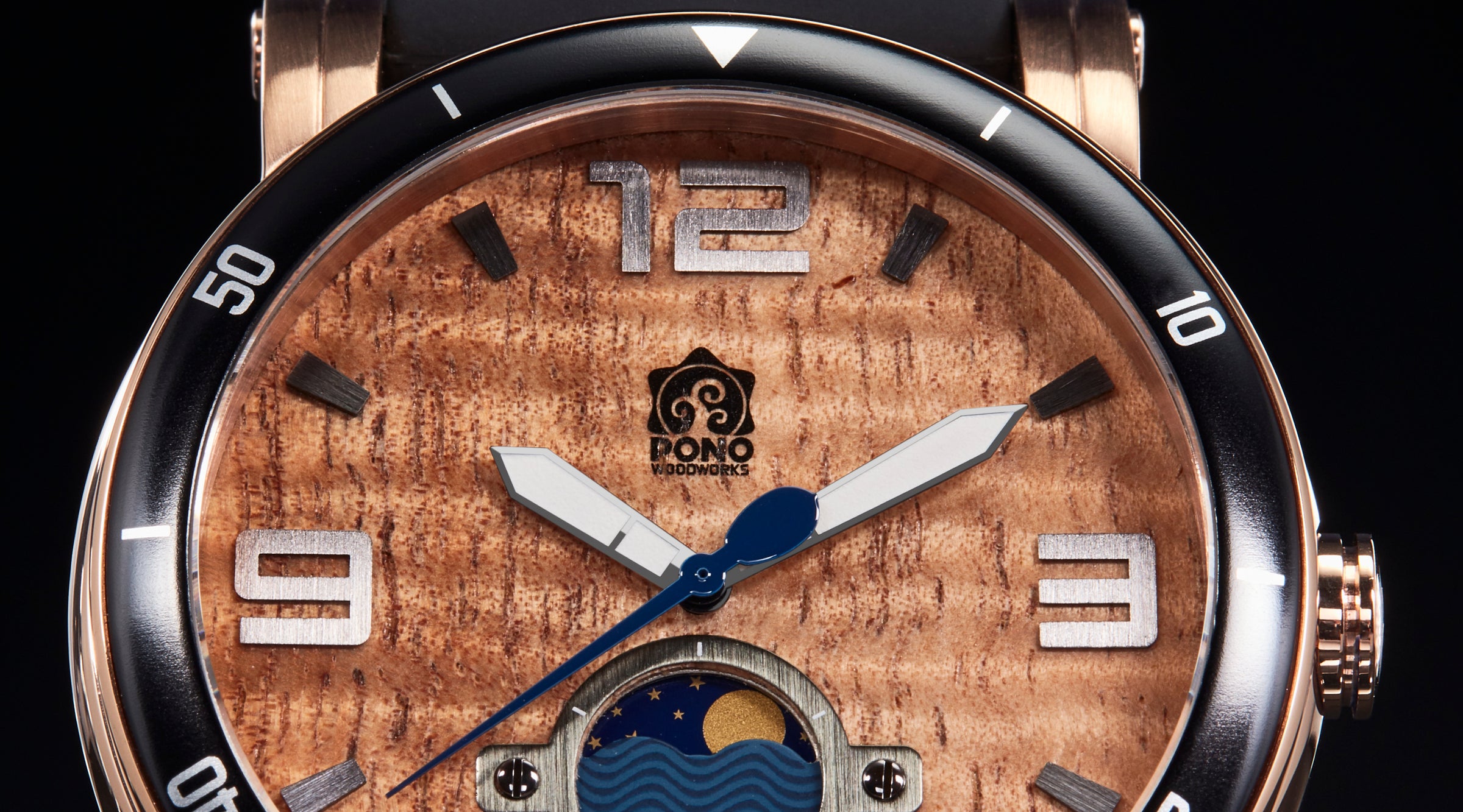 closeup koa wood face and dial details