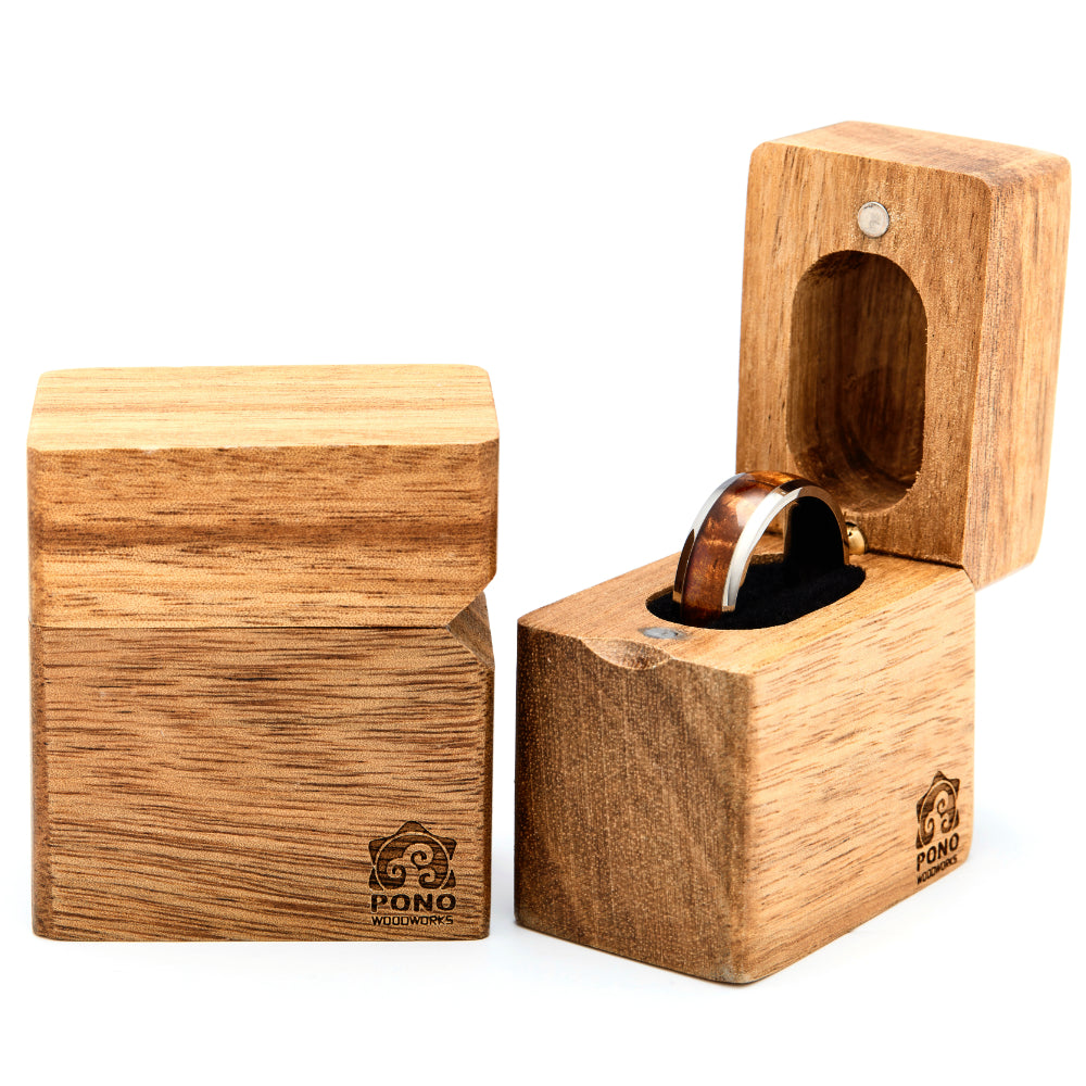 wood ring boxes open and closed showing koa ring inside