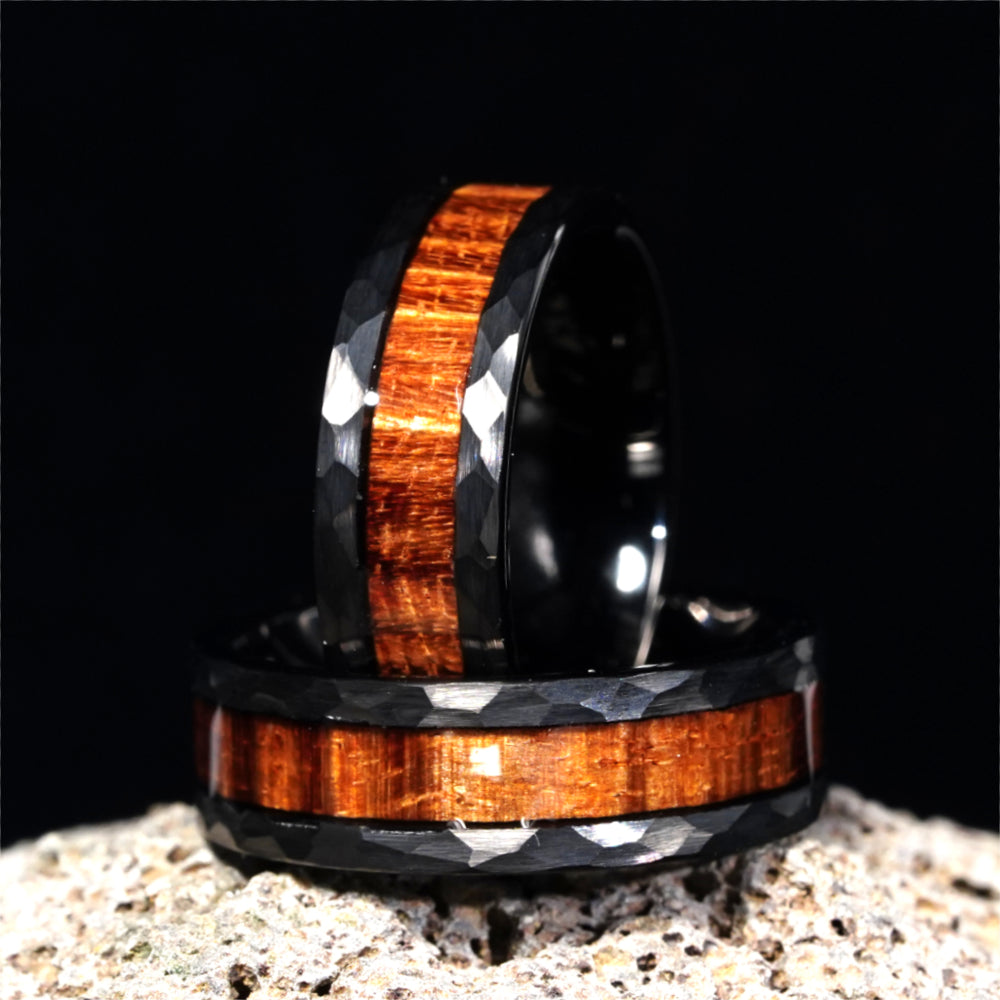 Black Tungsten Faceted Cut Koa Wood Ring (8mm Wide)