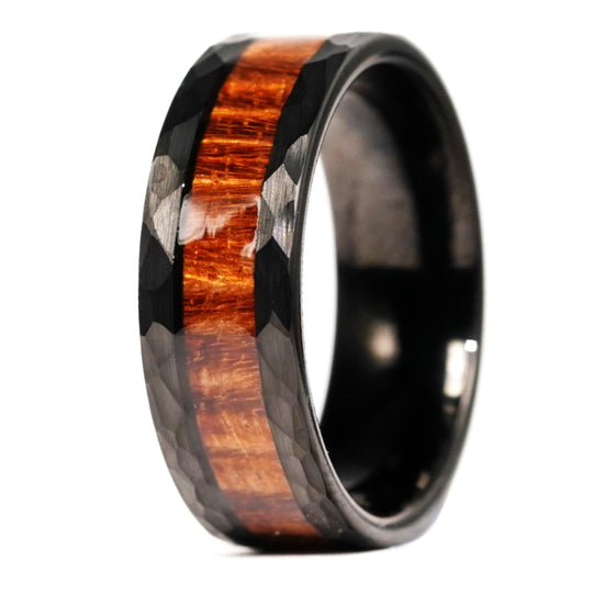 Black Tungsten Faceted Cut Koa Wood Ring (8mm Wide)