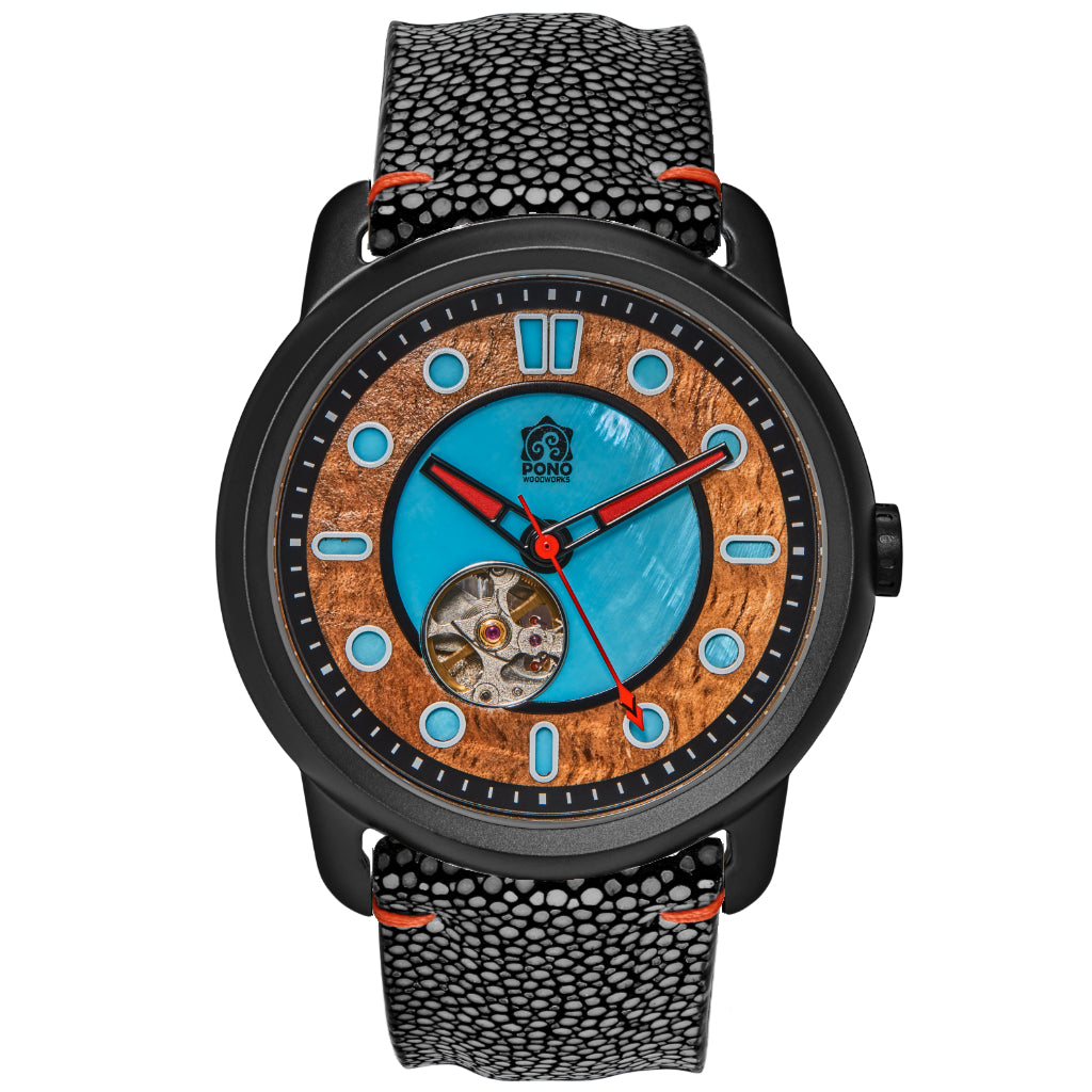 Fissure 8 Auto Men's Koa and Abalone Watch in Black