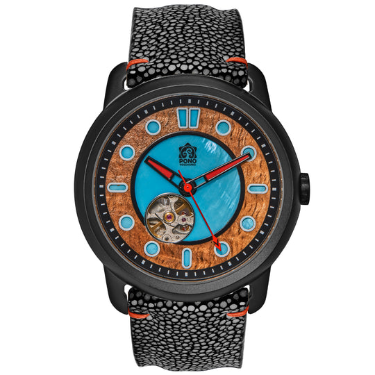 Fissure 8 Auto Men's Koa and Abalone Watch in Black