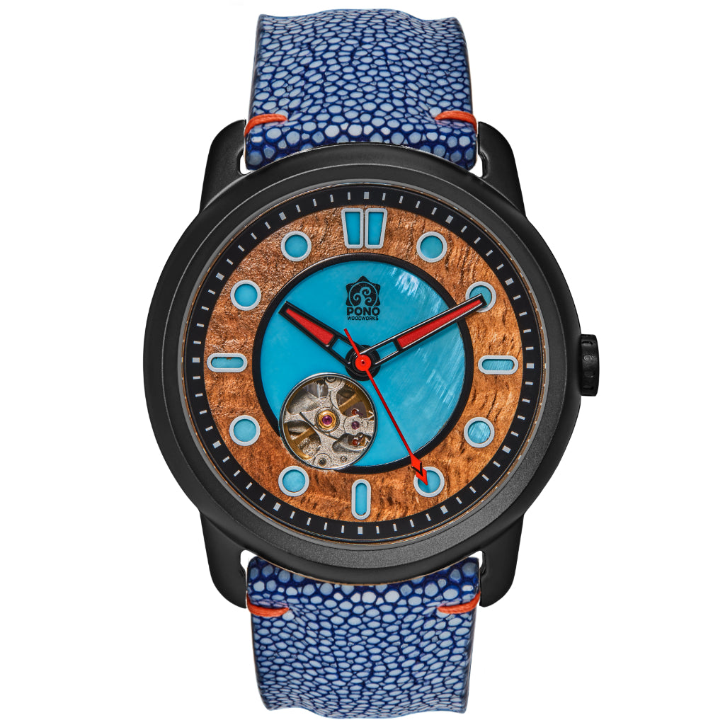 Fissure 8 Auto Men's Koa and Abalone Watch in Black