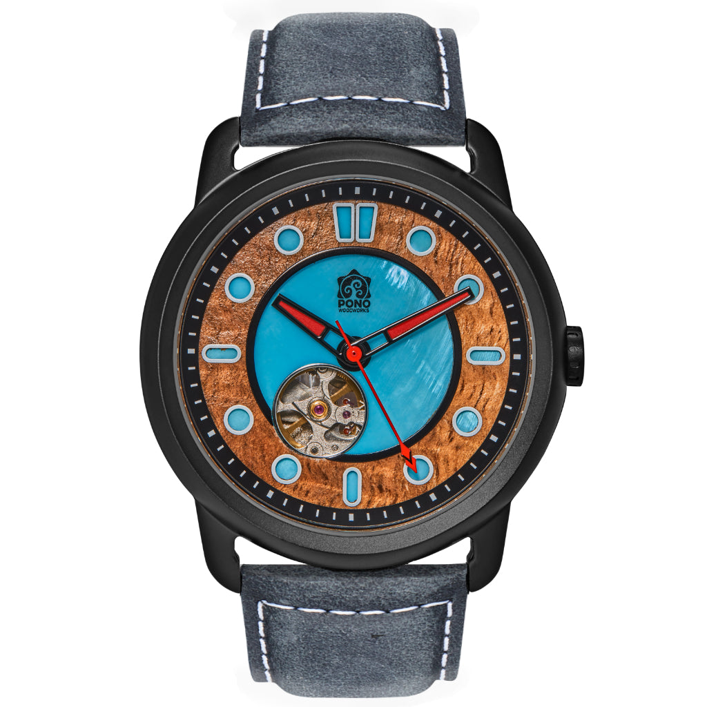 Fissure 8 Auto Men's Koa and Abalone Watch in Black