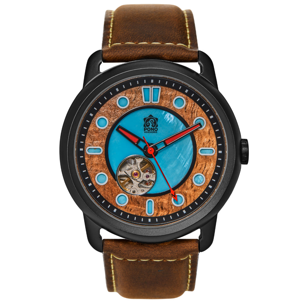 Fissure 8 Auto Men's Koa and Abalone Watch in Black