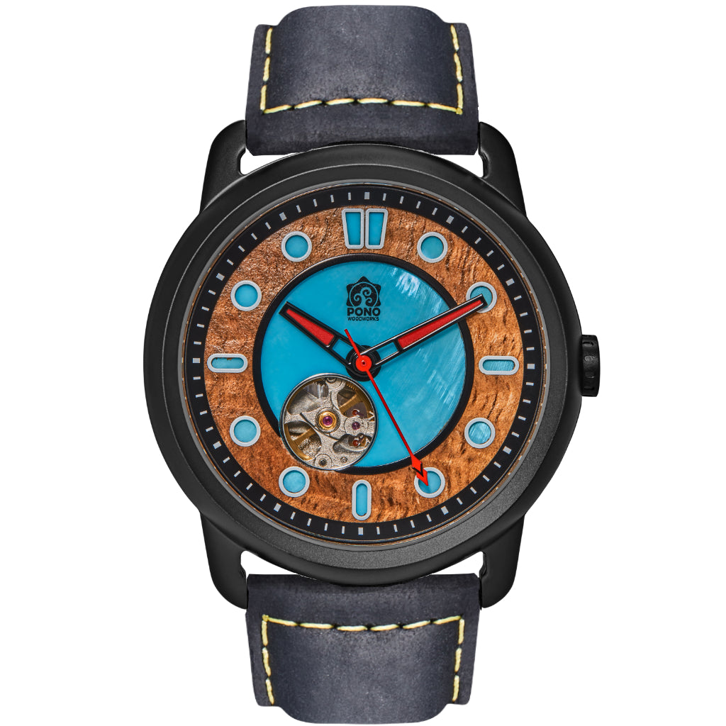 Fissure 8 Auto Men's Koa and Abalone Watch in Black