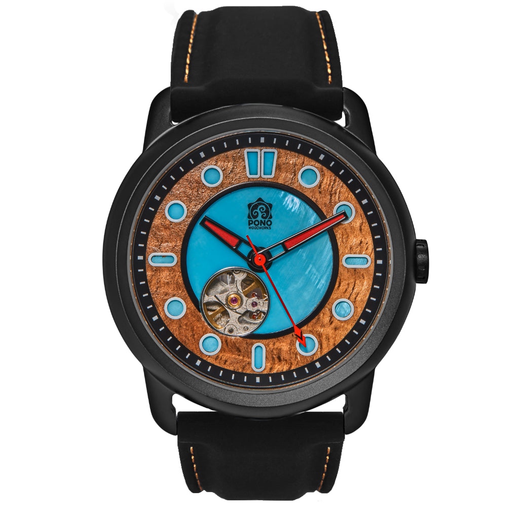 Fissure 8 Auto Men's Koa and Abalone Watch in Black