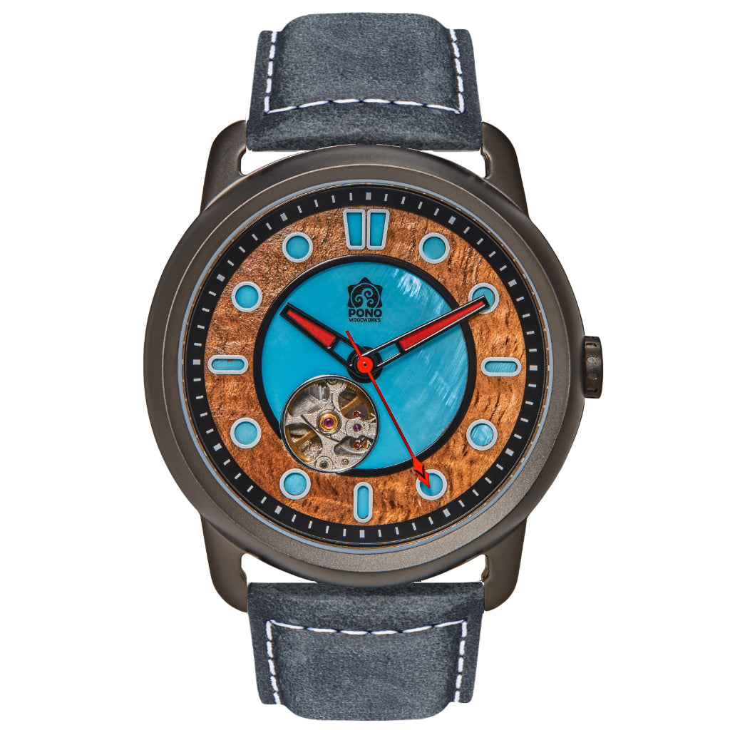 Fissure 8 Auto Men's Koa and Abalone Watch in Gunmetal