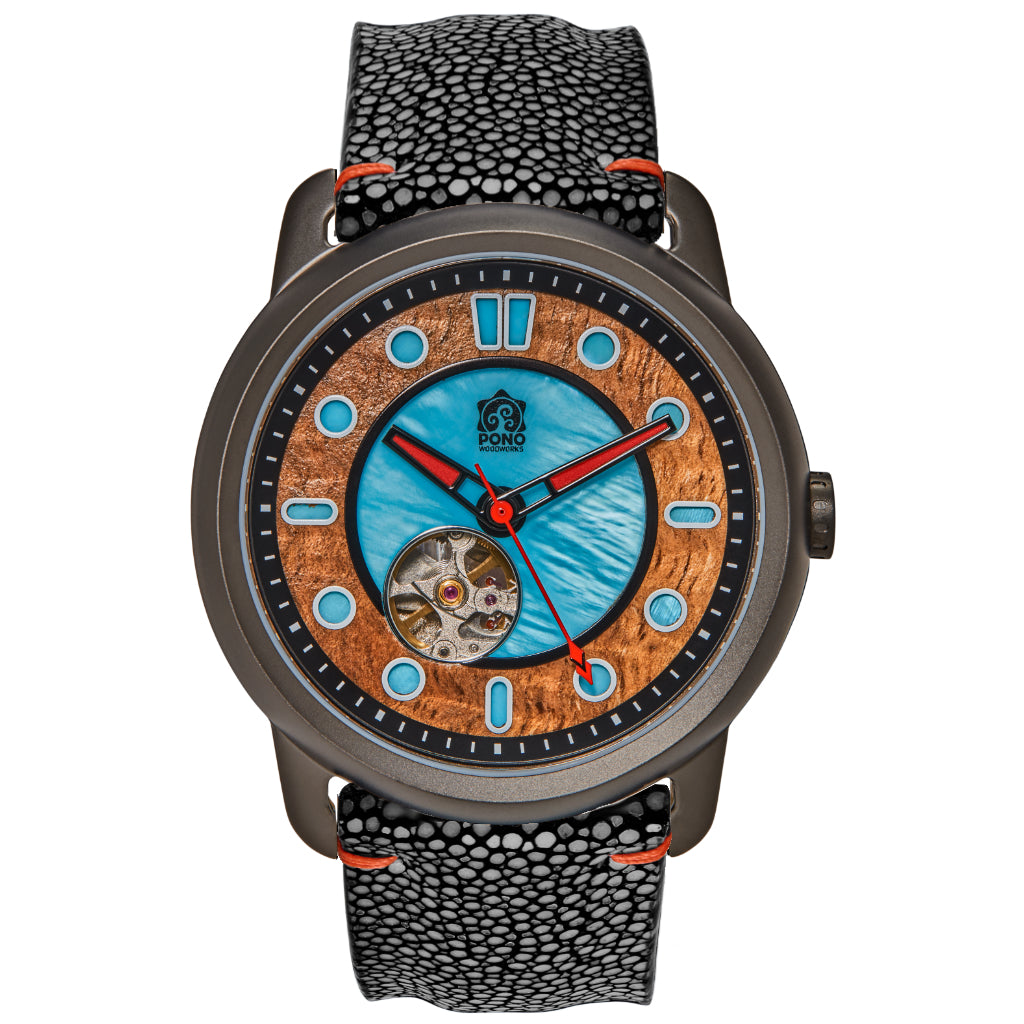 Fissure 8 Auto Men's Koa and Abalone Watch in Gunmetal