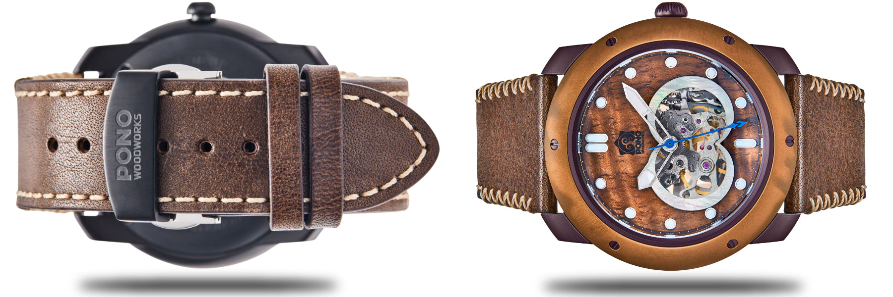 front and back view of watch horizontally oriented hovering over shadow