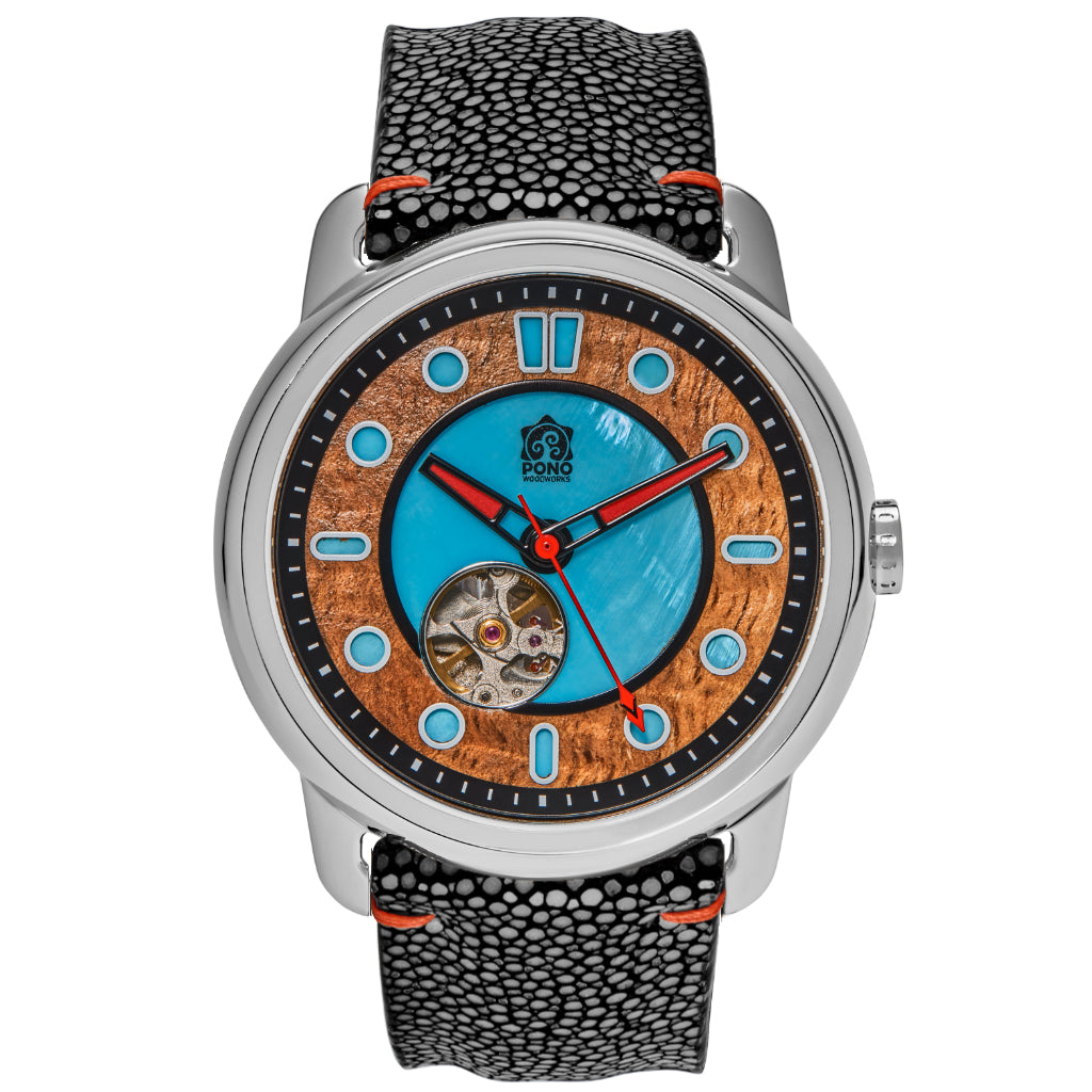Fissure 8 Auto Men's Koa and Abalone Watch in Chrome