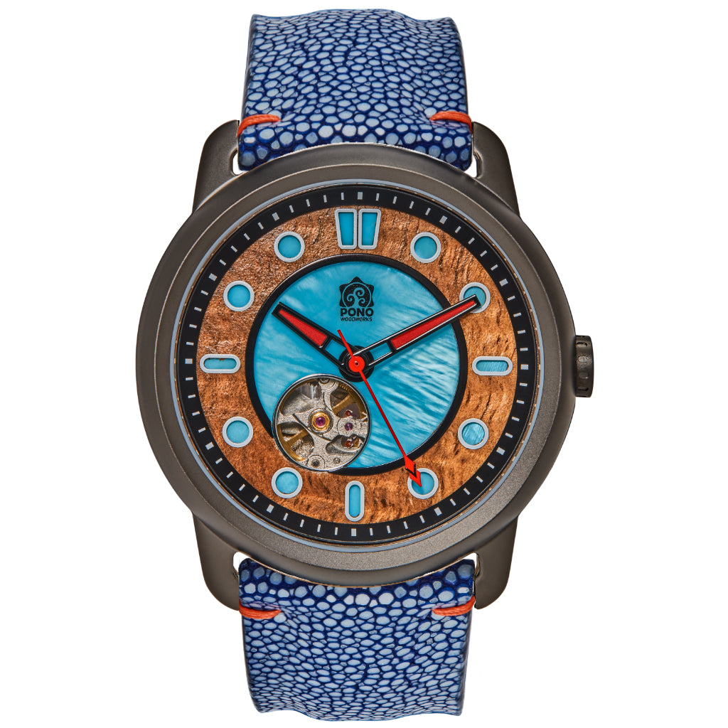 Fissure 8 Auto Men's Koa and Abalone Watch in Gunmetal