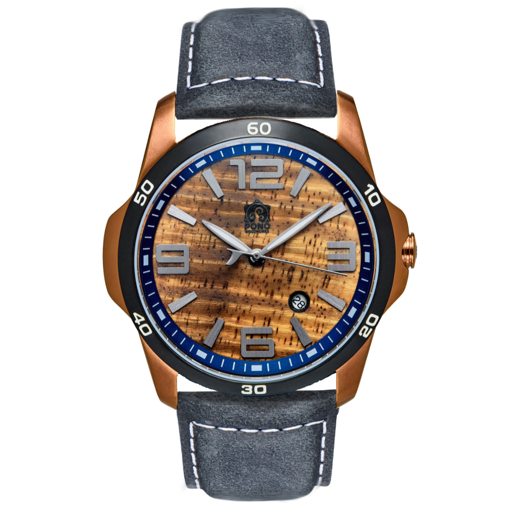 The Surfrider Koa Wood Watch – Black, Silver & Copper | Pono Woodworks