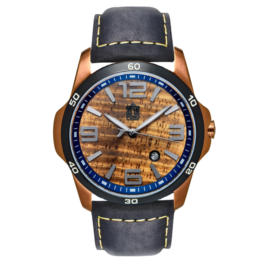 The Surfrider Koa Wood Watch – Black, Silver & Copper | Pono Woodworks