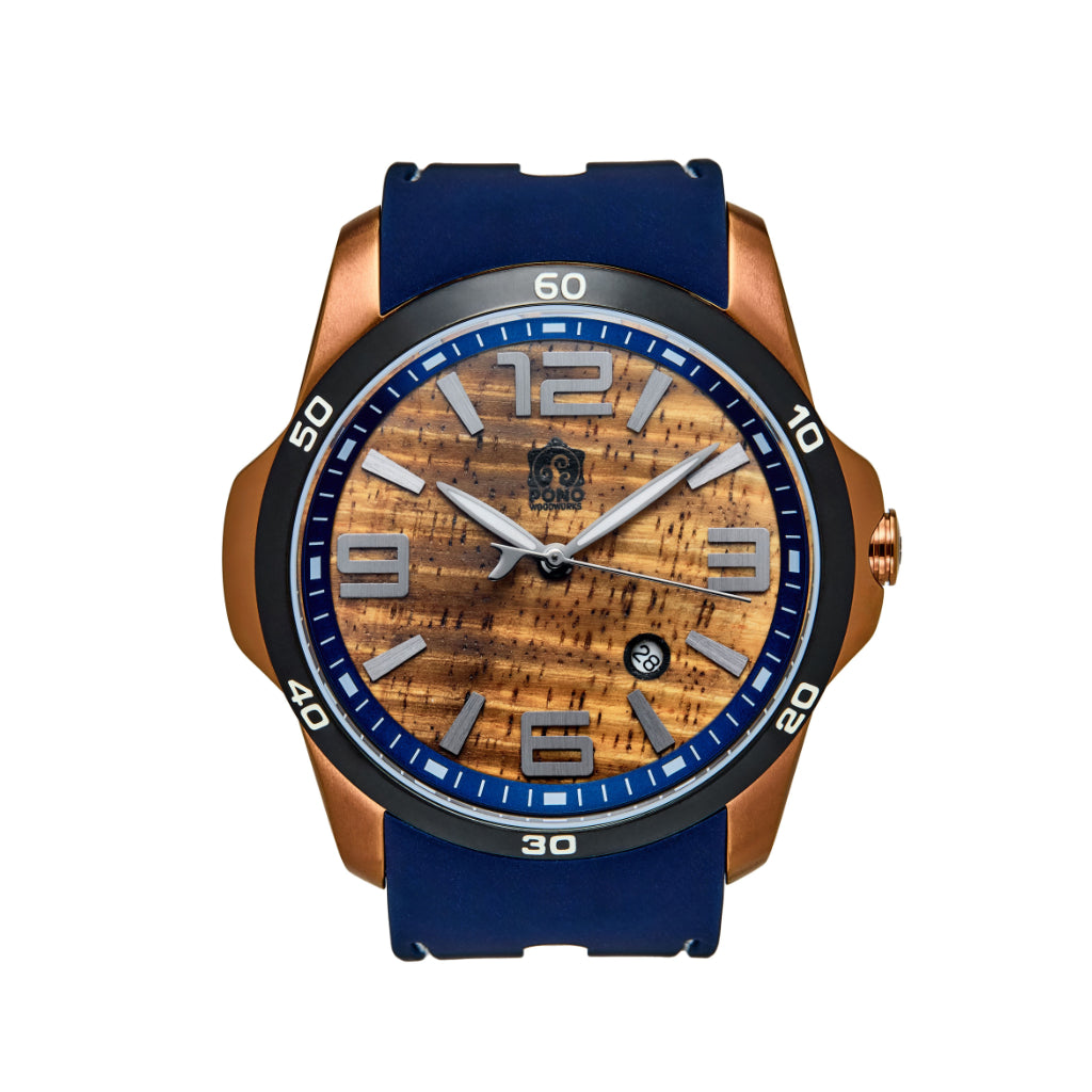 The Surfrider Koa Wood Watch – Black, Silver & Copper | Pono Woodworks