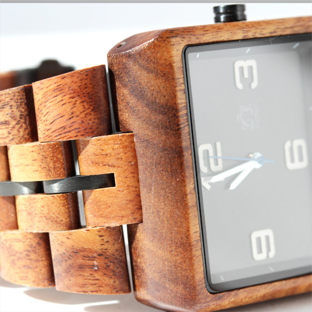 closeup of square face of watch