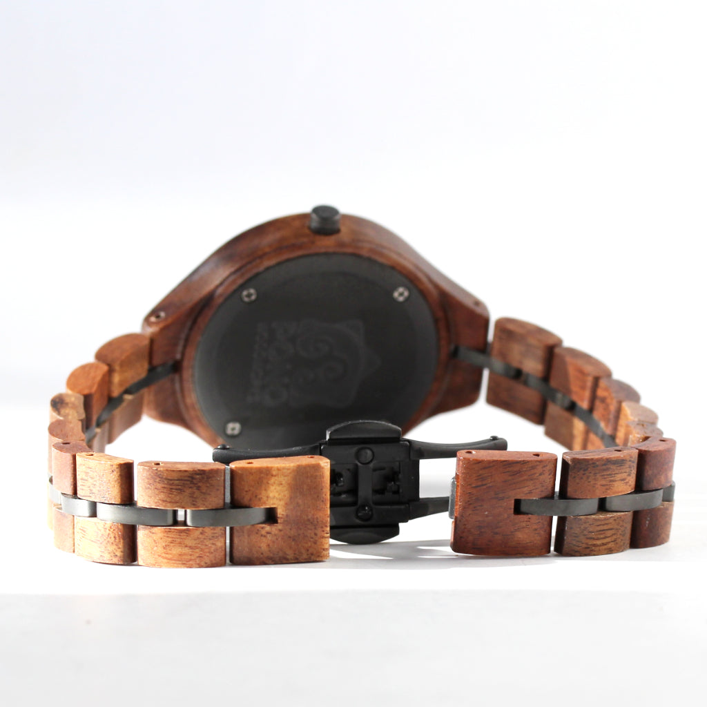 open claps detail of women's koa wood watch