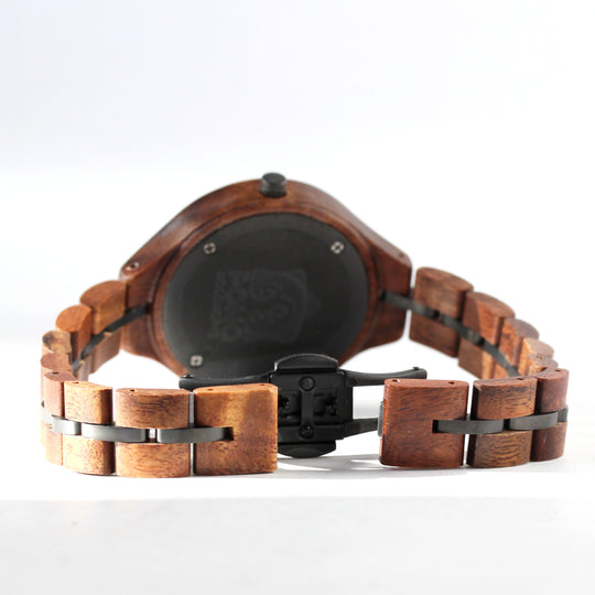 open claps detail of women's koa wood watch