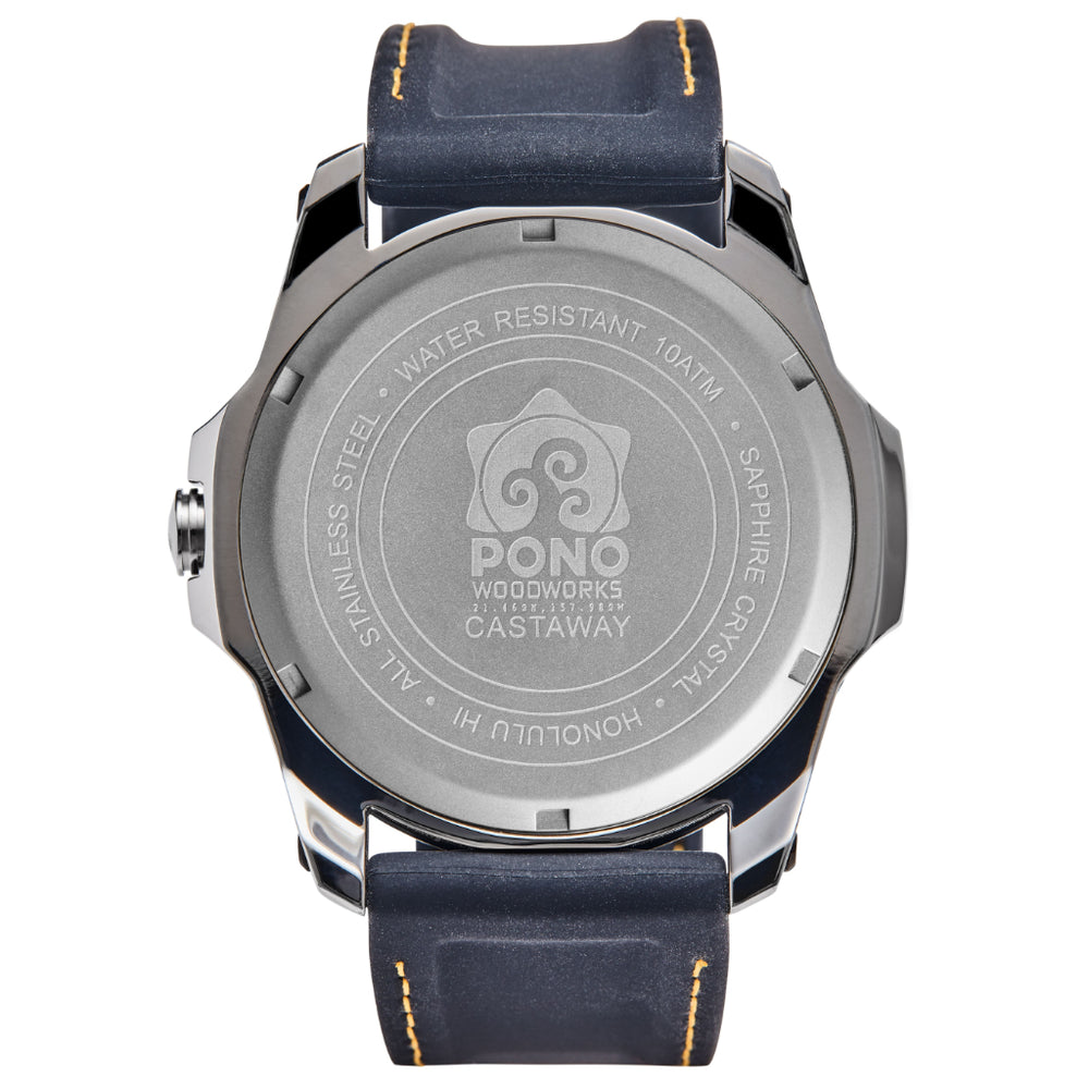 details of back of koa castaway copper watch showing logo details on watch back