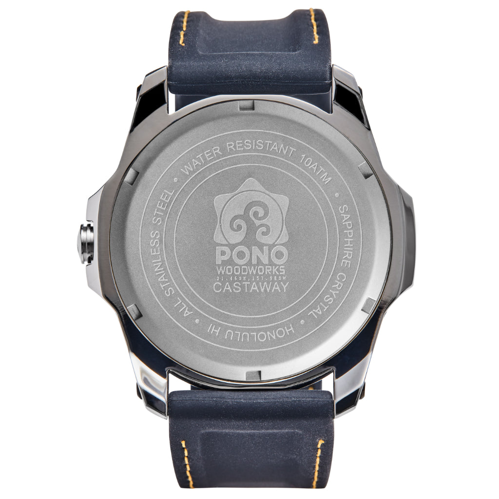 details of back of koa castaway copper watch showing logo details on watch back