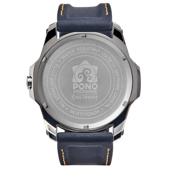 details of back of koa castaway copper watch showing logo details on watch back