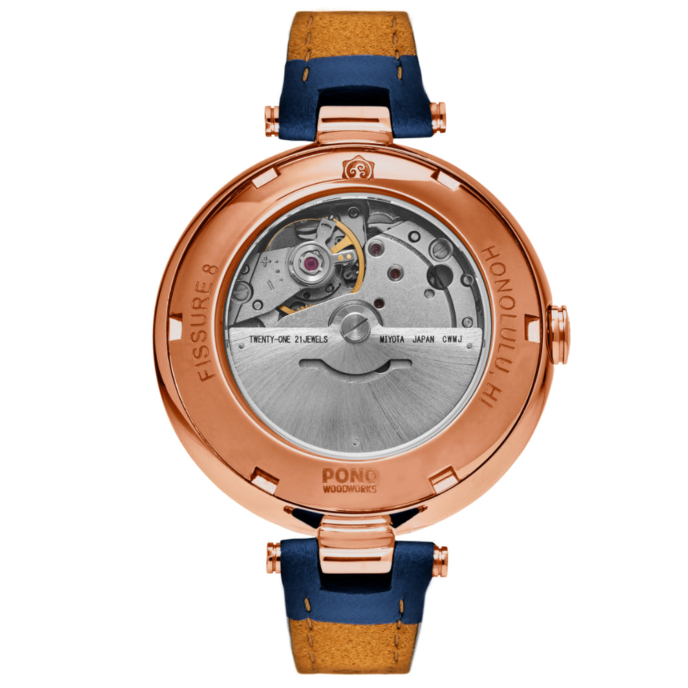 back of rose-gold fissure 8 women's koa watch showing window to movement