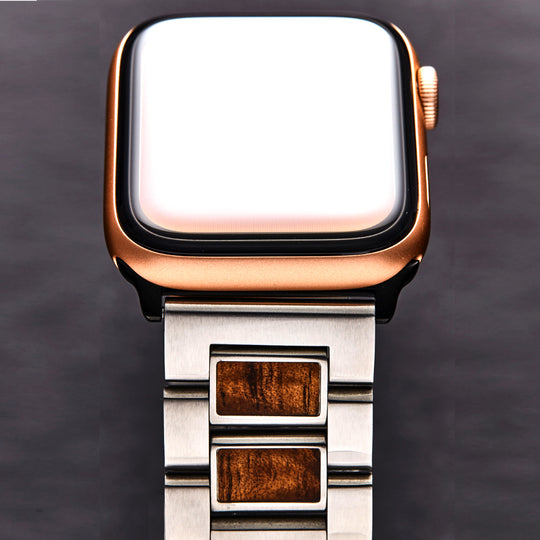 closeup of koa inlay stainless steel band