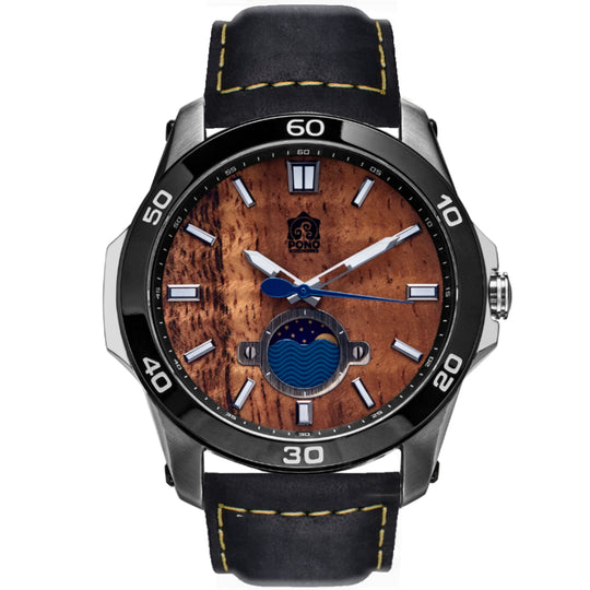 silver body castaway koa wood watch showing crown and moonphase design details, black leather band