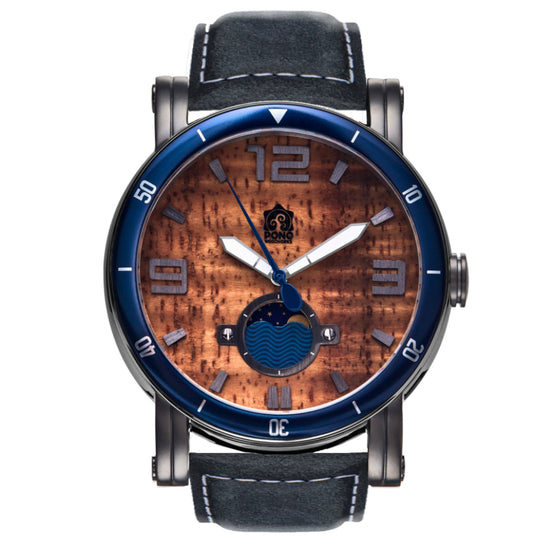 waterman Koa face watch in gunmetal stainless steel showing the design details of water design moon-phase, paddle shaped second hand, sailing winch crown, blue leather band
