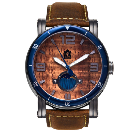 waterman Koa face watch in gunmetal stainless steel showing the design details of water design moon-phase, paddle shaped second hand, sailing winch crown, brown leather band