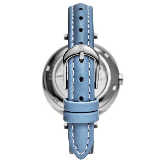 closeup of buckle and light blue Italian leather band