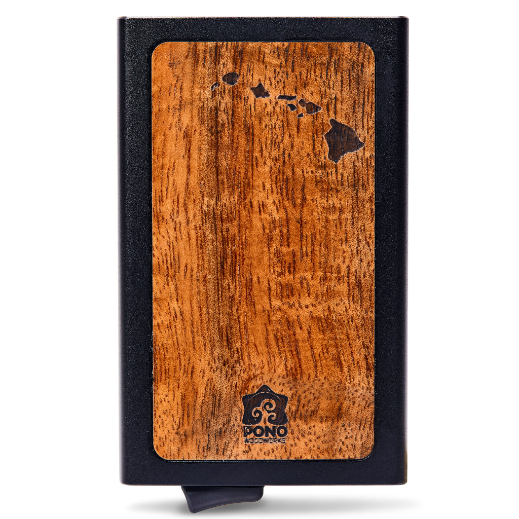 front view of inlayed curly grained koa wood on a minimalist edc wallet with pop-up, islands design