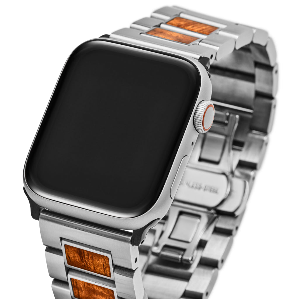 3/4 view of i-watch and koa inlay band