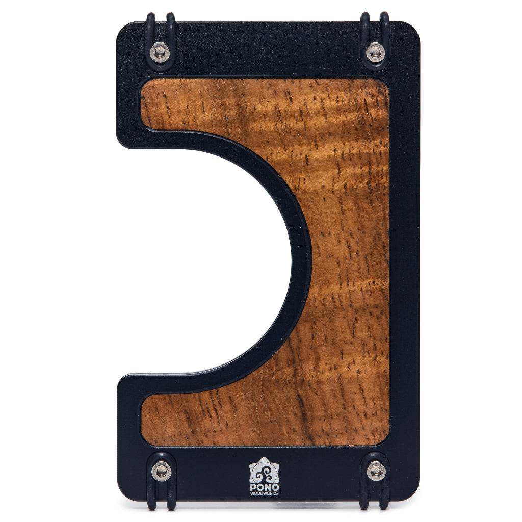 side view of koa inlay of the slim black wallet with white logo
