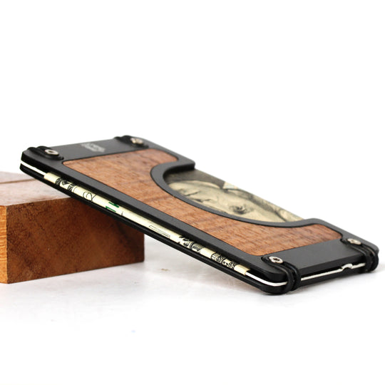 edge view of slim koa wallet showing how slender it is