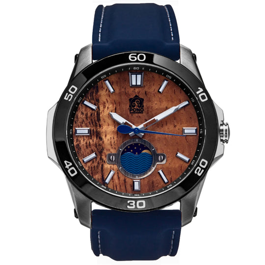 silver body castaway koa wood watch showing crown and moonphase design details, navy silicone band
