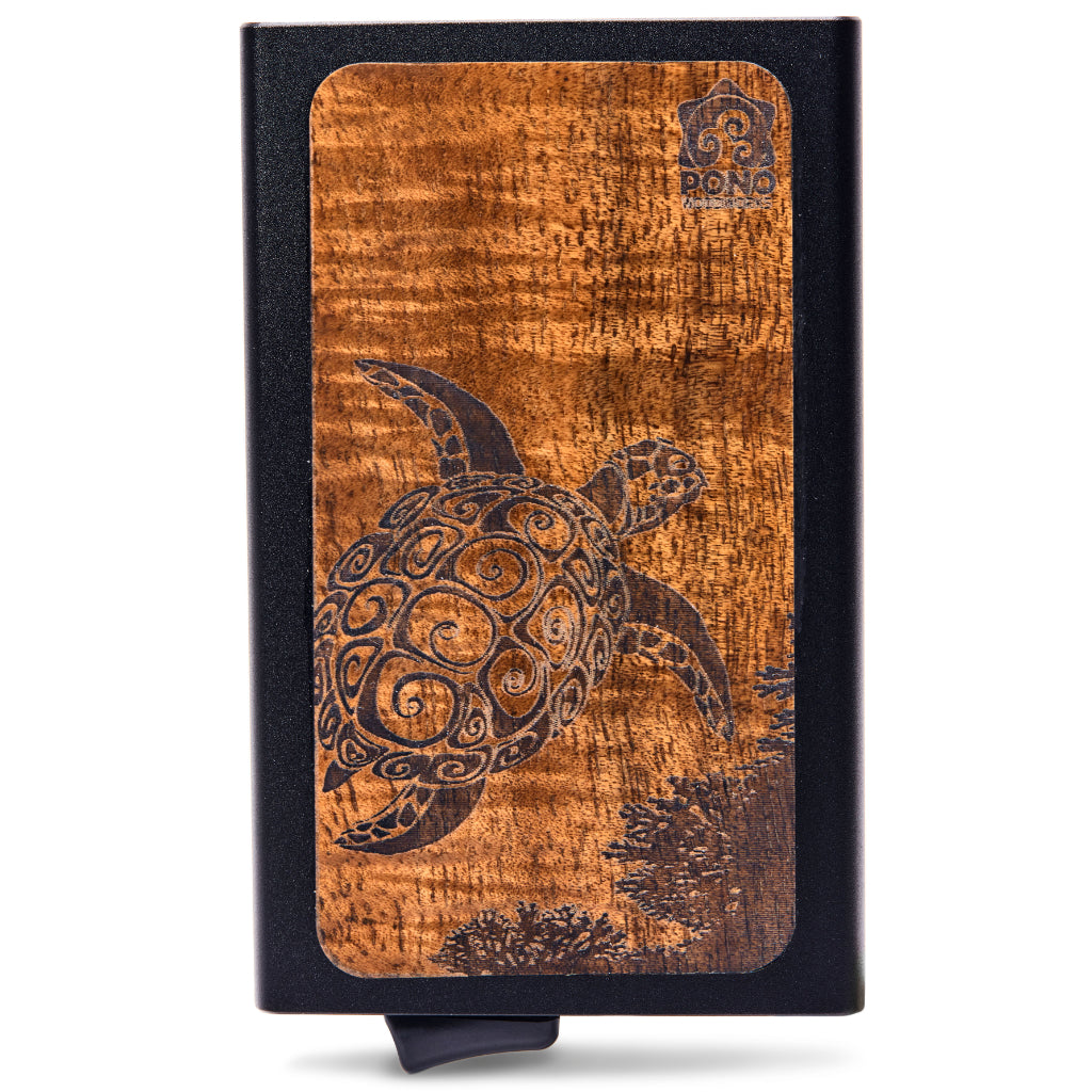 front view of inlayed curly grained koa wood on a minimalist edc wallet with pop-up, turtle design