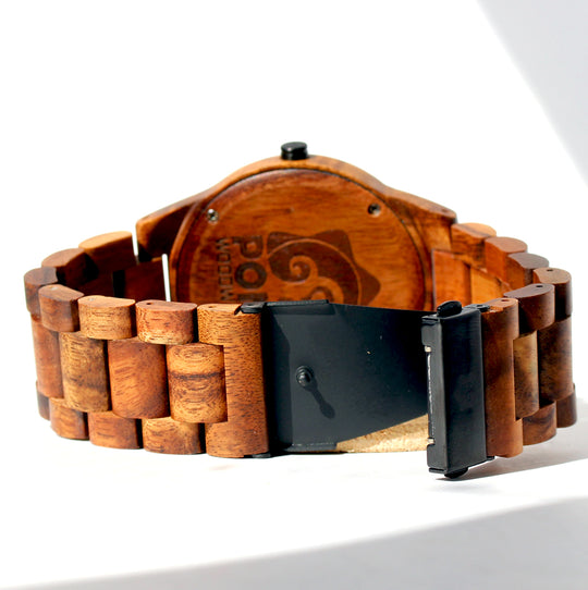 closeup of open clasp for solid koa wood watch