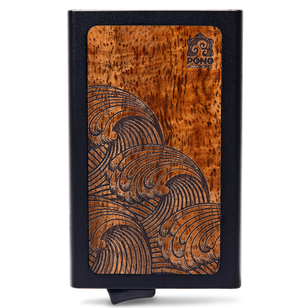 front view of inlayed curly grained koa wood on a minimalist edc wallet with pop-up, japanese wave design