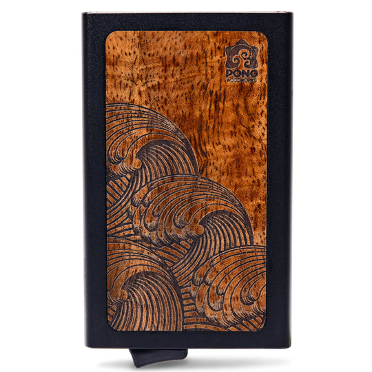 front view of inlayed curly grained koa wood on a minimalist edc wallet with pop-up, japanese wave design
