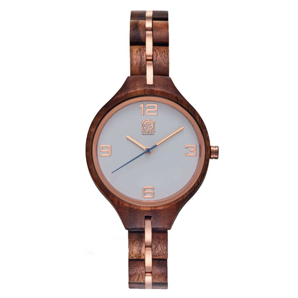 front view solid koa women's watch, white minimalist face, rose-gold stringer
