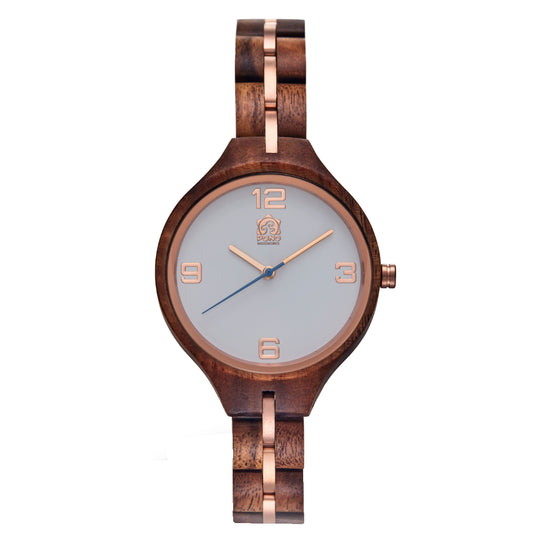 front view solid koa women's watch, white minimalist face, rose-gold stringer
