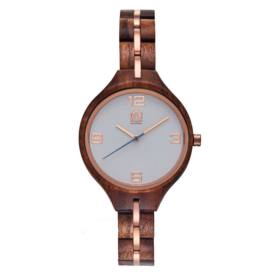 front view solid koa women's watch, white minimalist face, rose-gold stringer