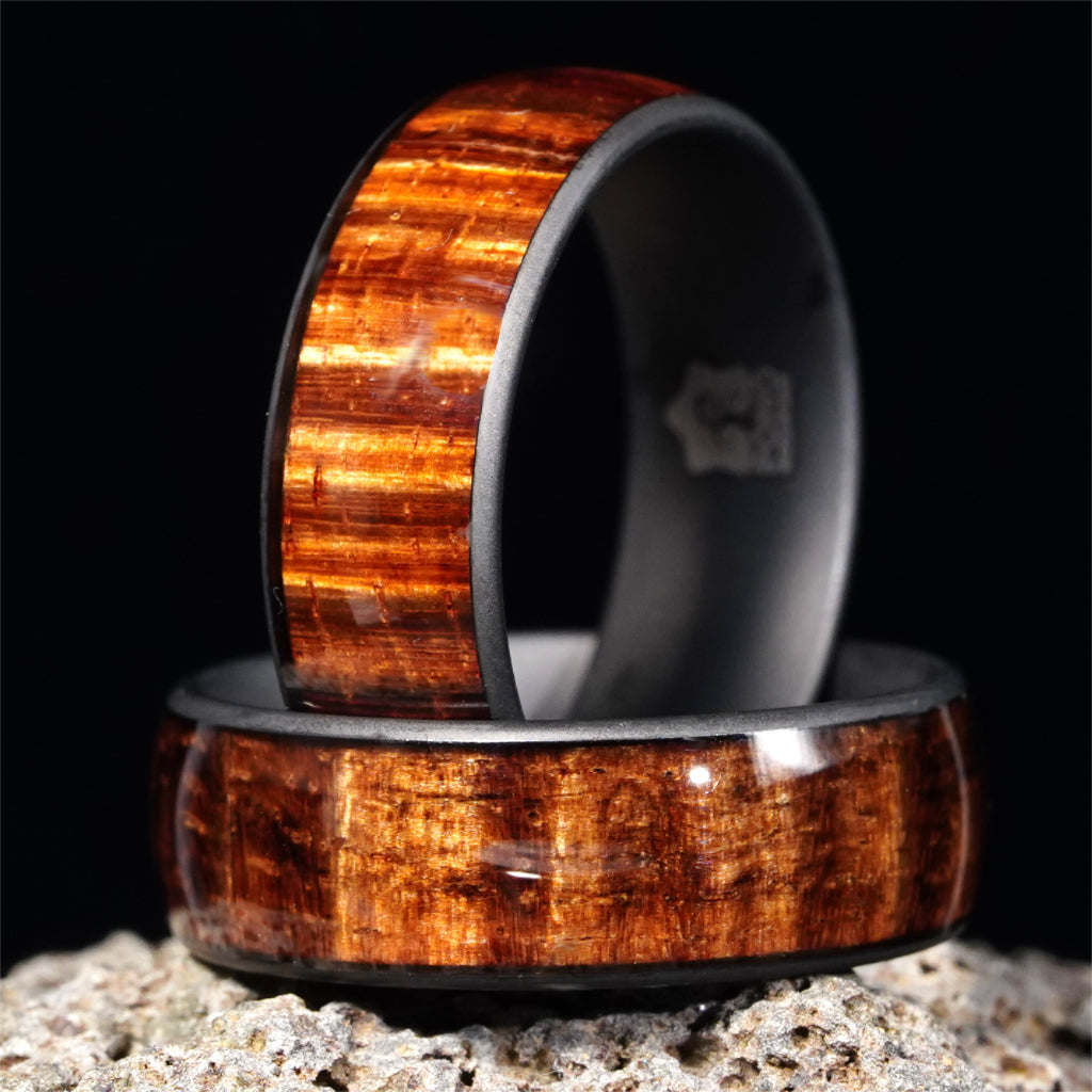 Hawaiian curly koa wood ring with tungsten band, hand-finished in Honolulu
