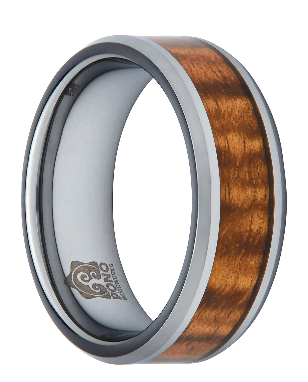 closeup of tungsten and koa wood ring showing off the amazing tiger stripped or curly grain of the wood